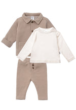 3-teiliges Babyset aus Waffelpiqué in beige mit passendem Langarmshirt in ecru.