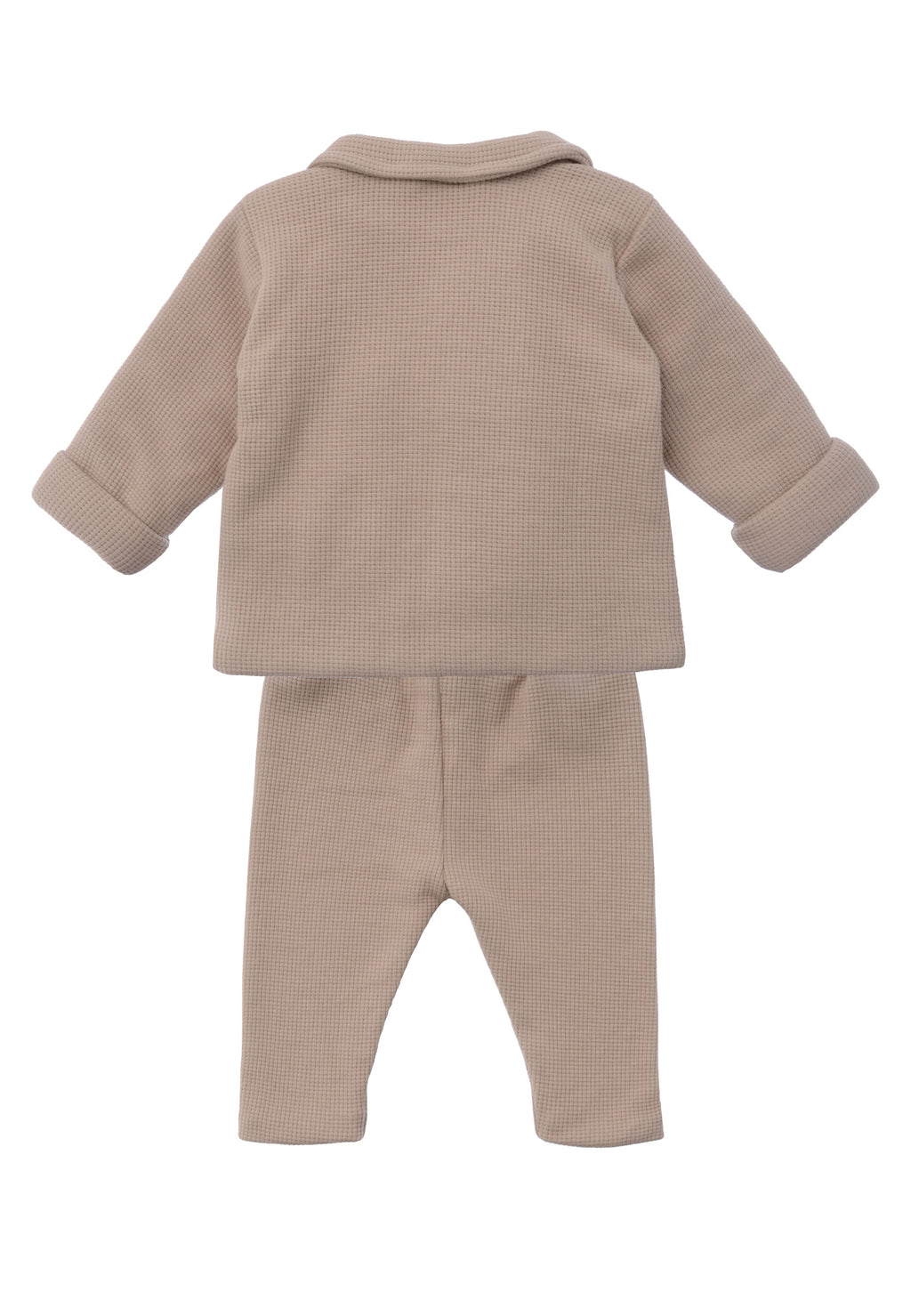 3-teiliges Babyset aus Waffelpiqué in beige mit passendem Langarmshirt in ecru.