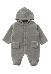 Lässiger Babyoverall in grau grün mit Kapuze und Füßchen für einen angenehmen Komfort an kühlen Tagen.