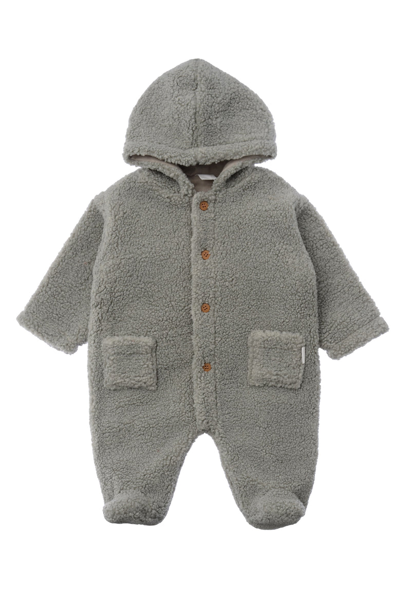 Lässiger Babyoverall in grau grün mit Kapuze und Füßchen für einen angenehmen Komfort an kühlen Tagen.