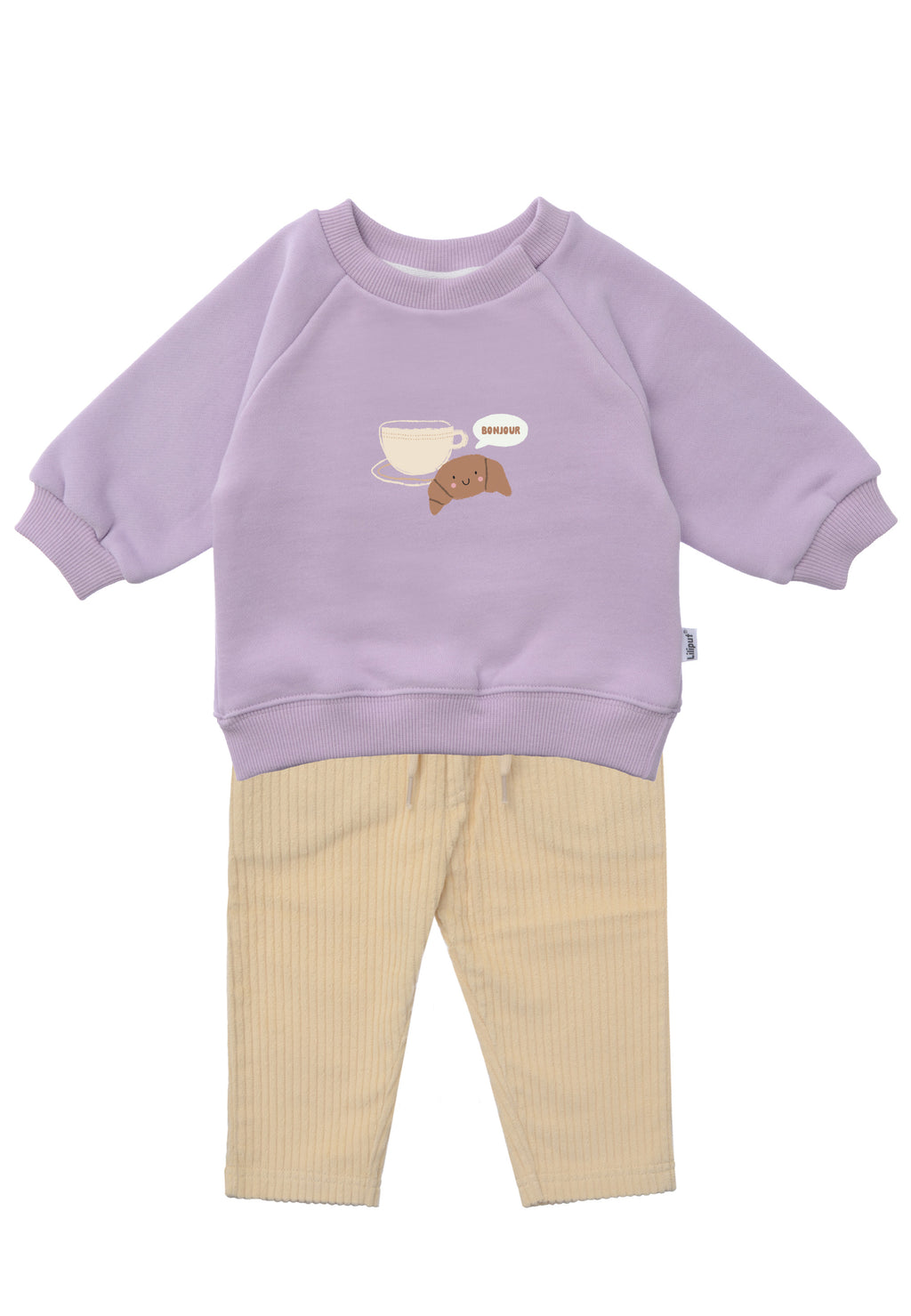 2tlg. Set mit Sweatshirt in flieder mit "croissant, bojour" Druck und Cordhose in beige 