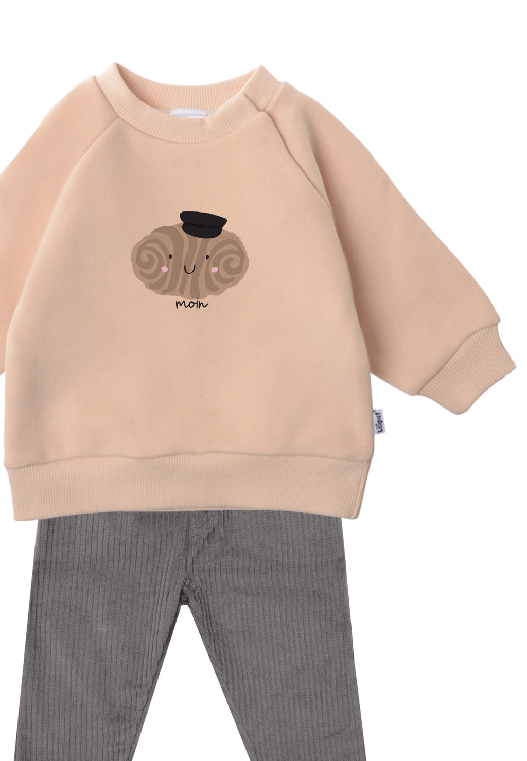 2tlg. Set mit Sweatshirt in beige mit dem Druck "Franzbrötchen" und Cordhose in grau