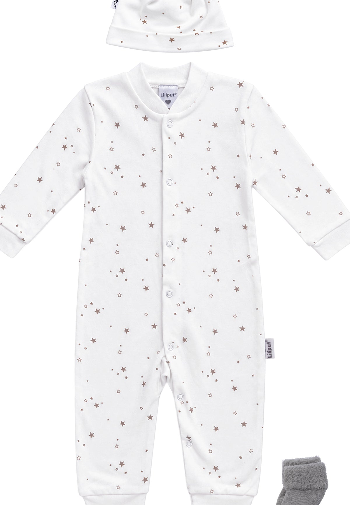 3-teiliges Baby-Set mit Overall, Mütze & Söckchen – Sterne in Weiß/Grau