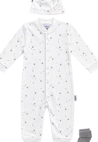 3-teiliges Baby-Set mit Overall, Mütze & Söckchen – Sterne in Weiß/Grau