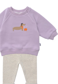 Detailansicht der Outfitkombi mit flieder farbendem Sweater der einen herbstlichen Dackel Print hat und einer hellgrauen Leggings.