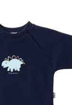 Detailansicht des dunkleblauen Sweaters mit hellblauen Stegosaurus Aufdruck.