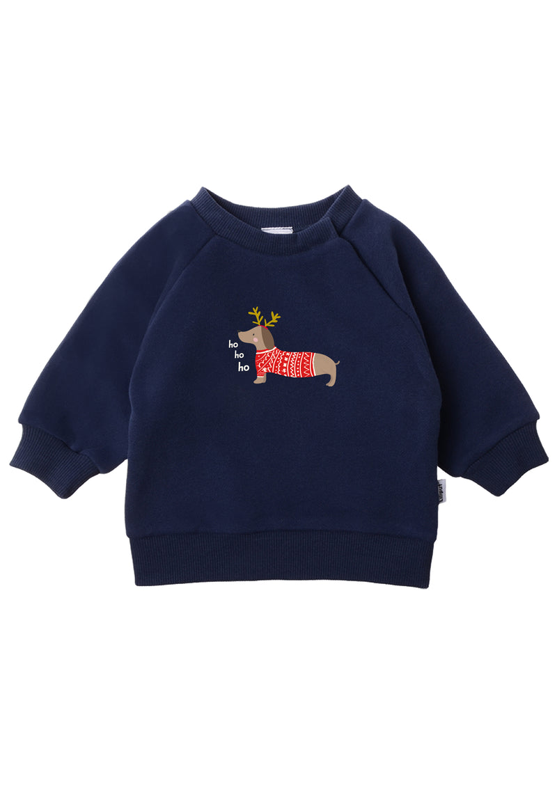 Dunkelblaues Sweater mit Raglanärmeln und fröhlichem Xmas Dackel