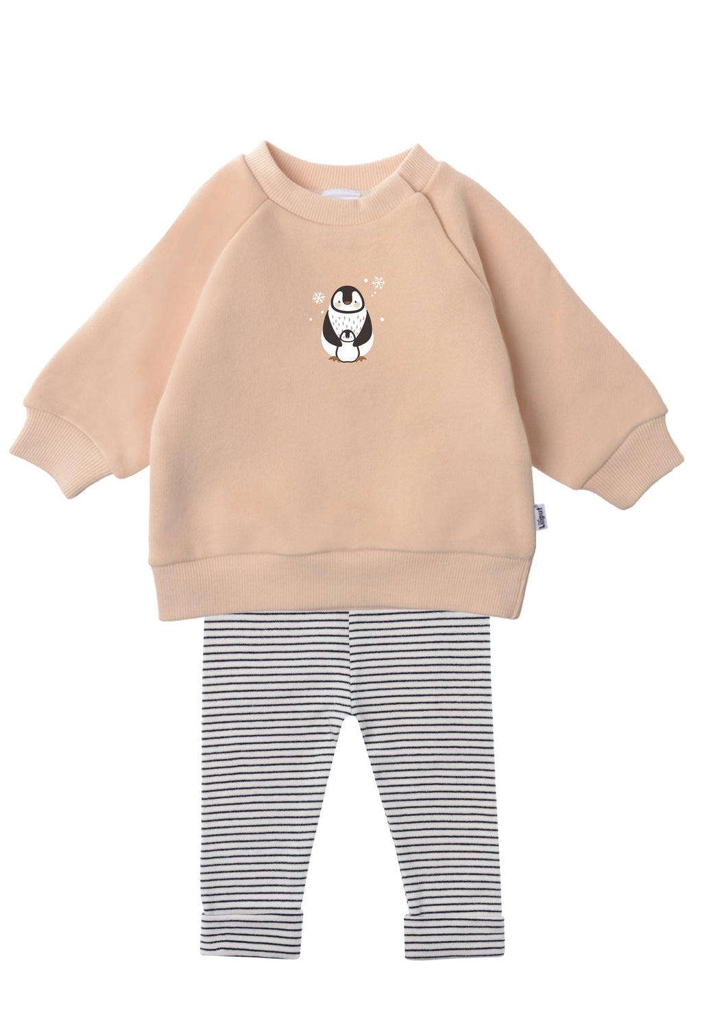 Outfitset mit geringelter Leggings und beigem Sweater mit Pinguin Print.