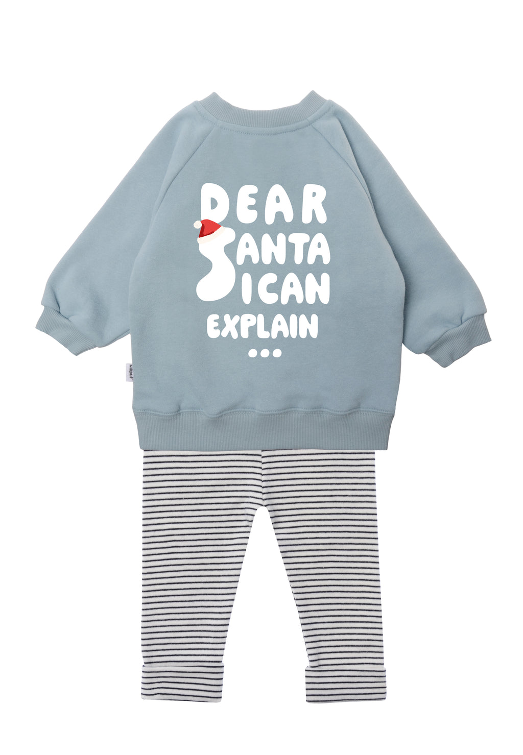 Weihnachtliche Outfitkombi mit Sweatshirt in hellblau und Spruch Falala auf der Vorderseite und Spruch Dear Santa i can explain auf der Rückseite.