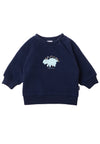 Dunkelblaues Sweatshirt mit hellblauem Dino Aufdruck.