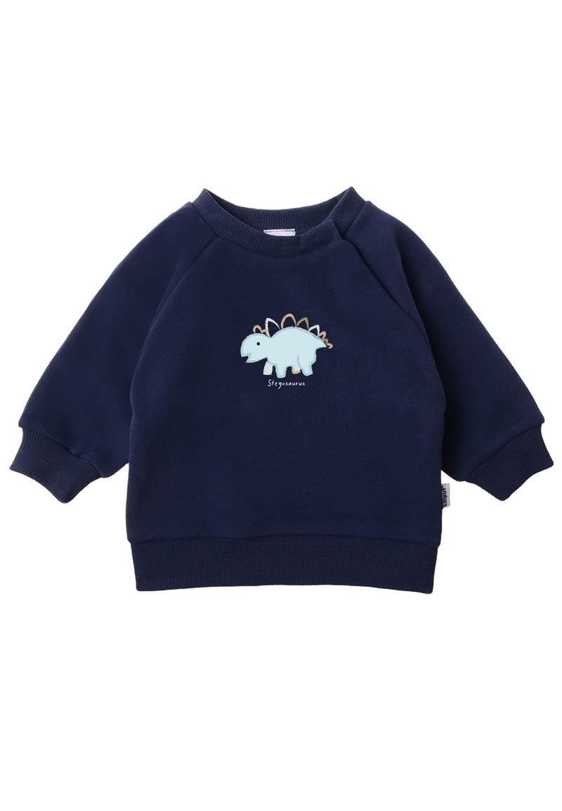 Dunkelblaues Sweatshirt mit hellblauem Dino Aufdruck.