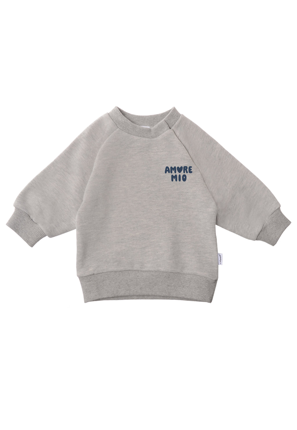 Graues Sweatshirt mit Raglan Ärmeln und dunkelblauem Print "Amore Mio".