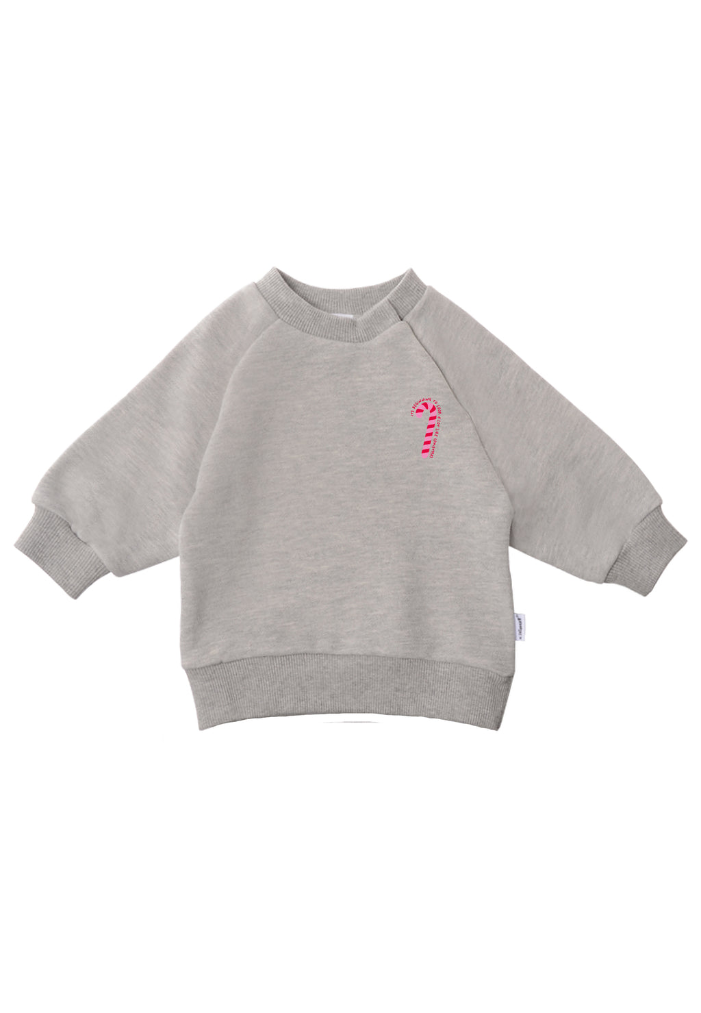 Graues Sweatshirt mit einem pinken Zuckerstangen Aufdruck.