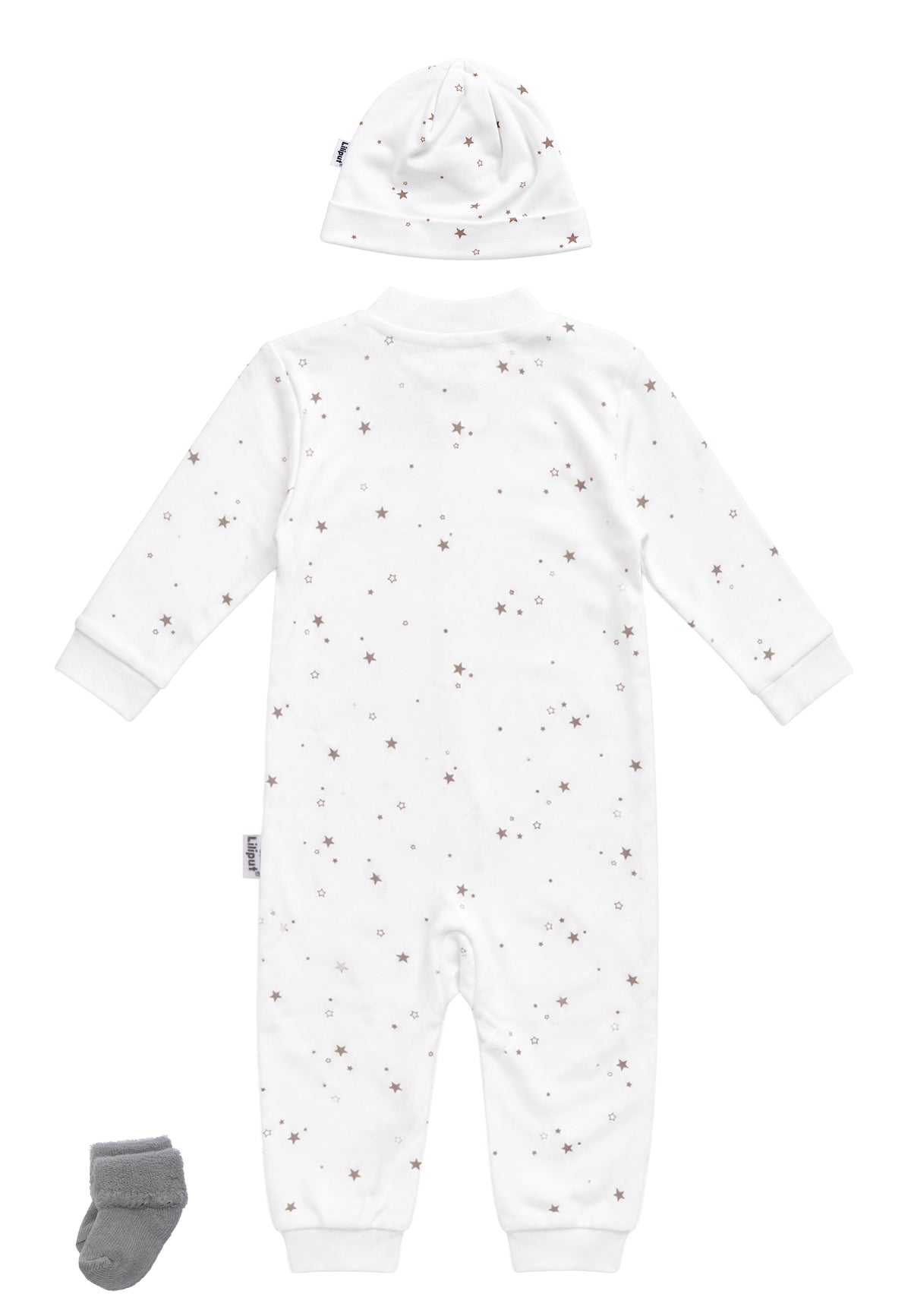 3-teiliges Baby-Set mit Overall, Mütze & Söckchen – Sterne in Weiß/Grau