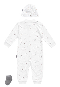 3-teiliges Baby-Set mit Overall, Mütze & Söckchen – Sterne in Weiß/Grau