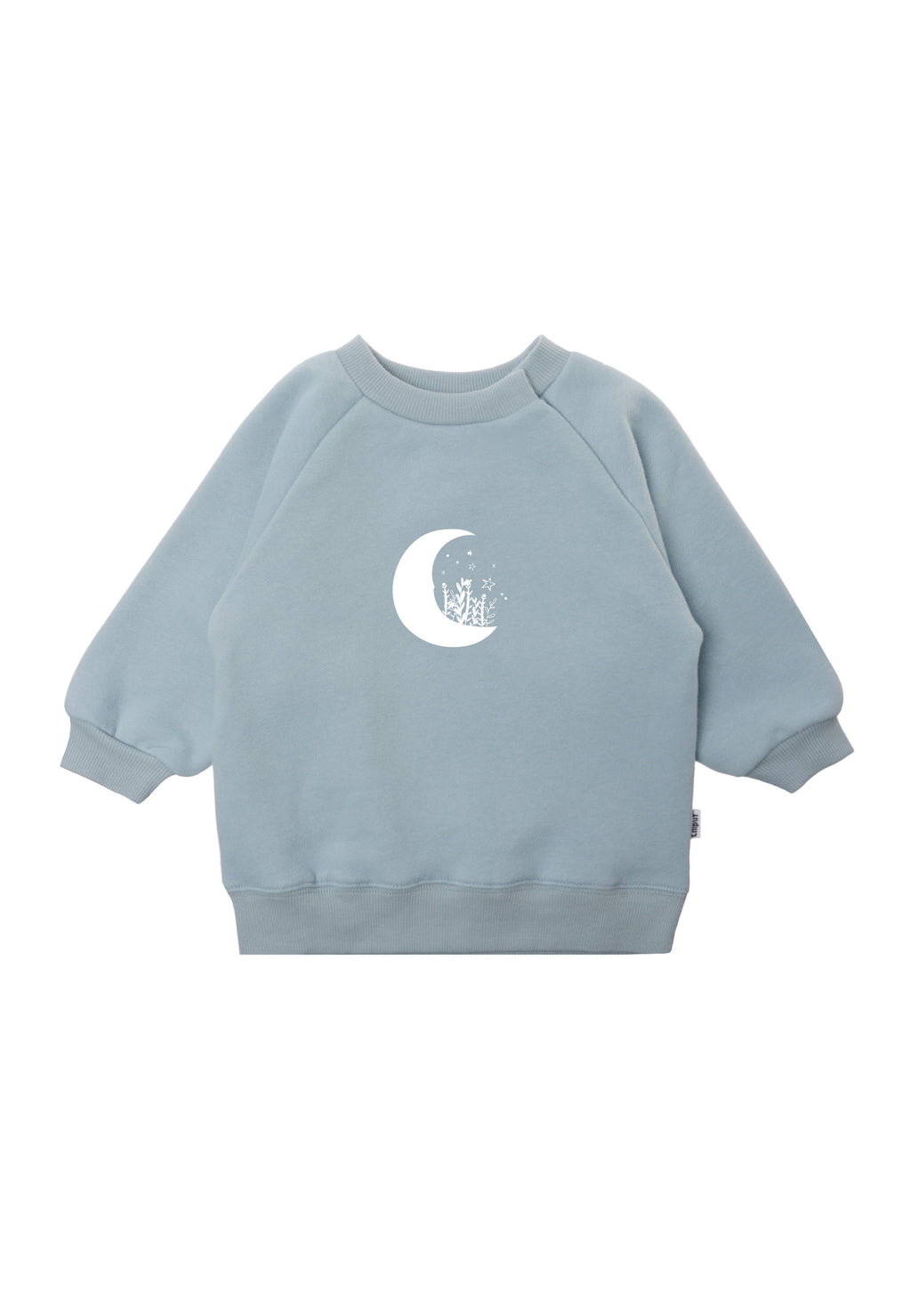 Sweatshirt in hellblau mit weißem Mond Aufdruck.