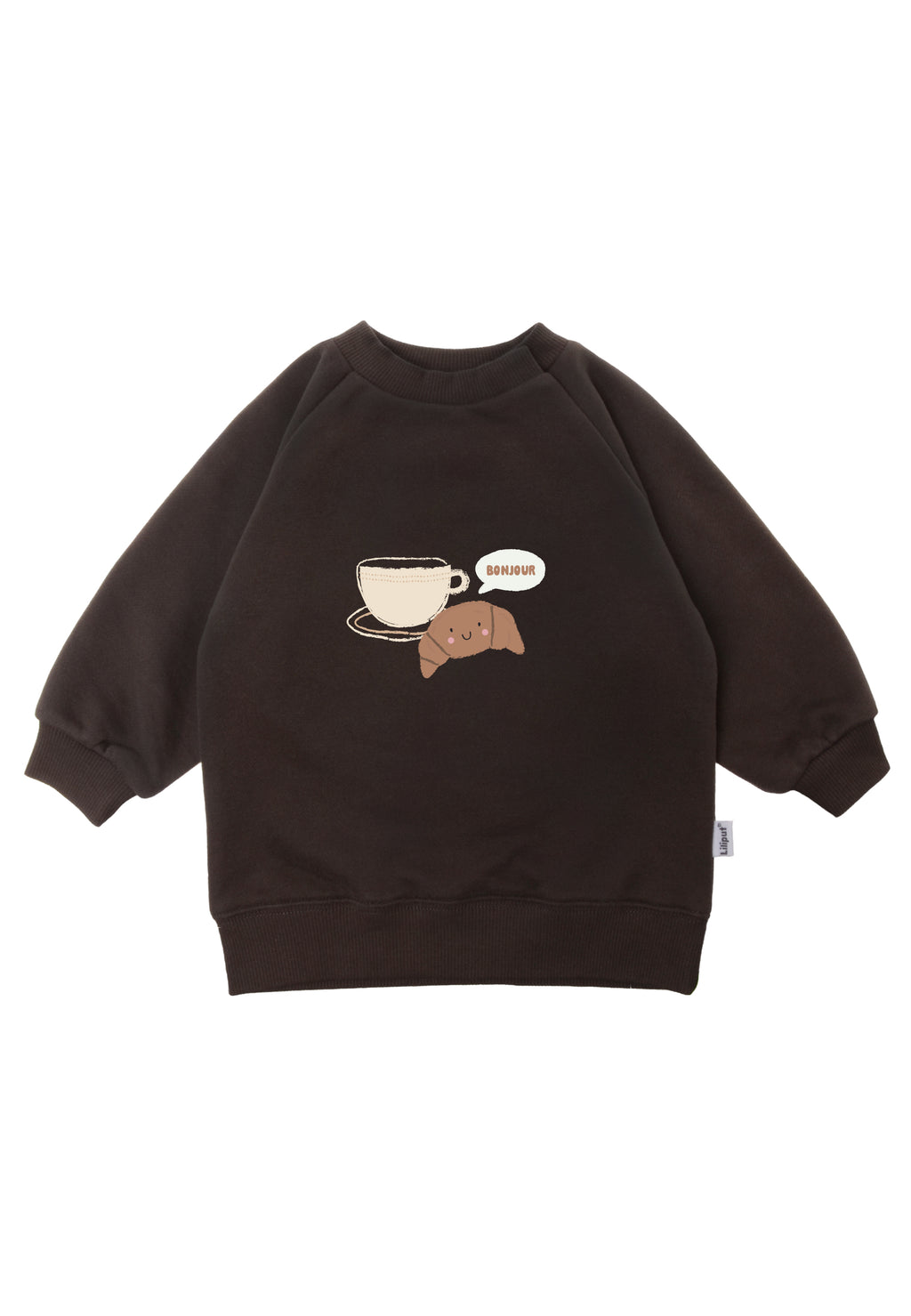 Liebevoll designtes Kinder Sweatshirt in braun mit Aufdruck einer Tasse, einem Croissant und dem Gruß "Bonjour". 