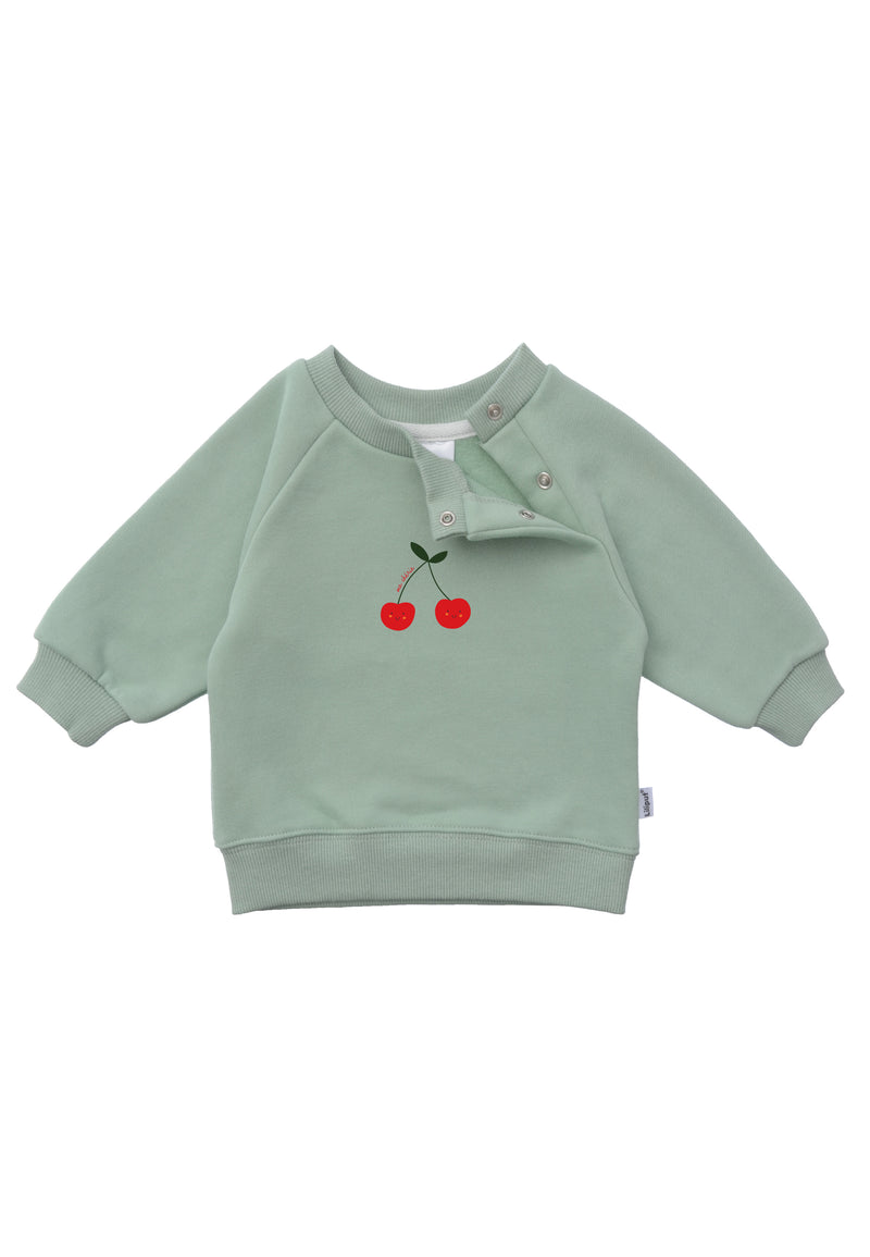 Vorderseite des Sweatshirts mit Ansicht auf die versteckten Druckknöpfe für die Größen 62/68-110/116.
