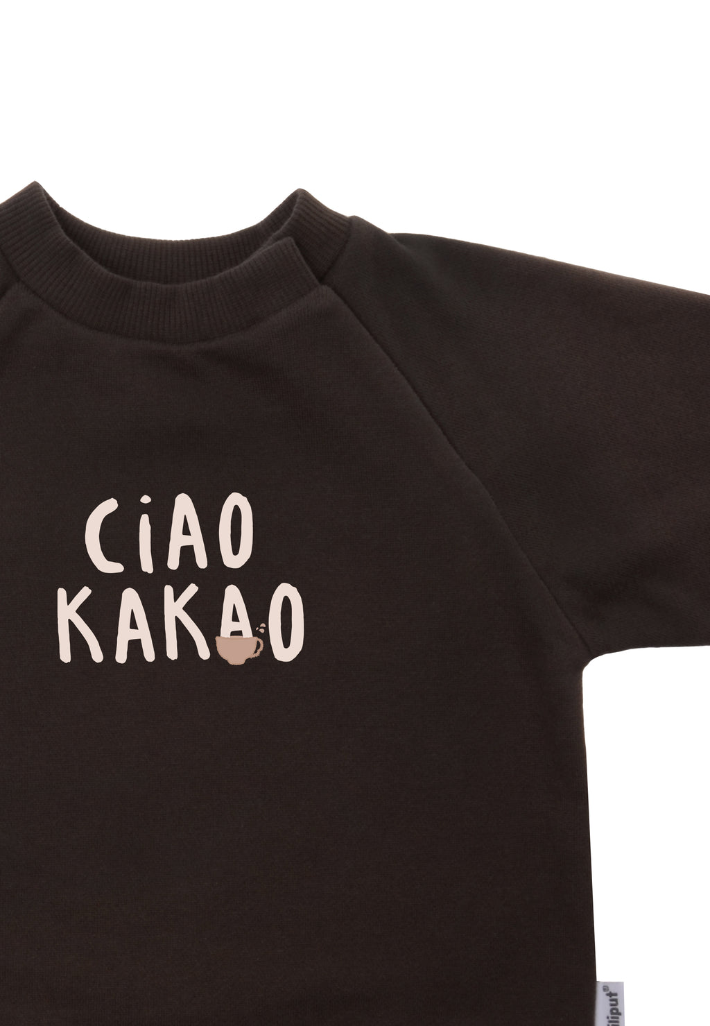 Sweatshirt in braun mit Raglanärmeln und lustigem Wording "Ciao Kakao".