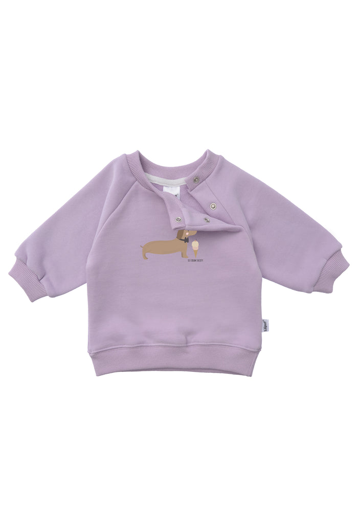 Sweatshirt in flieder mit Raglanärmeln und praktischen Druckknöpfen für die Größen 62/68-86/92.