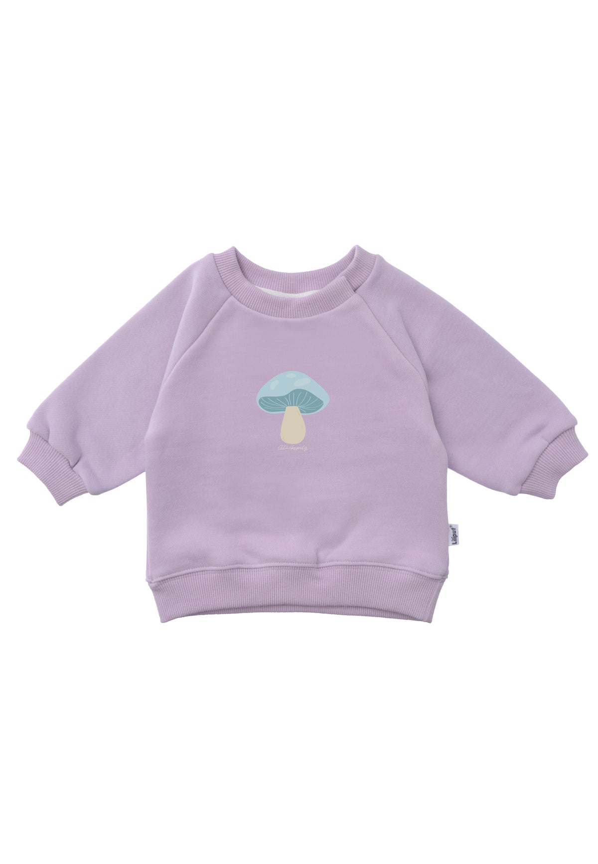 Flieder farbendes Raglan Sweatshirt mit Glückspliz Aufdruck.