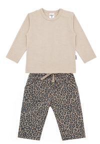 2-teiliges Set mit Leo-Hose und Langarmshirt in Beige