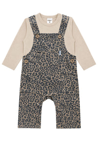 2-teiliges Set mit Leo-Latzhose und Langarmshirt in Beige