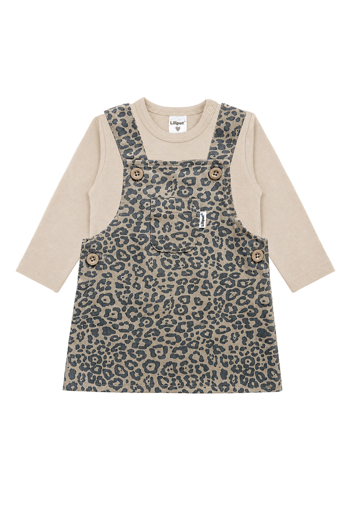 2-teiliges Set mit Leo-Latzrock und Langarmshirt in Beige
