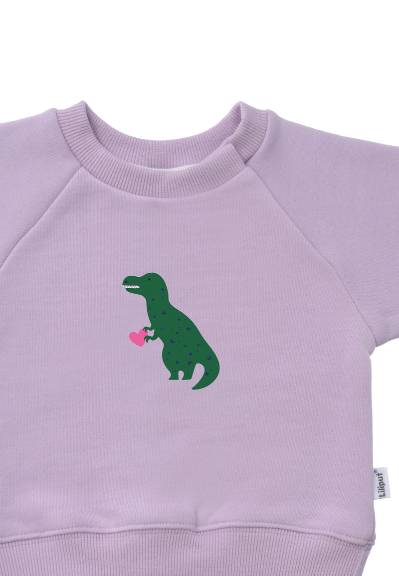 Detailansicht des flieder farbenden Sweatshirts mit lustigem Dino Print auf der Frontseite.