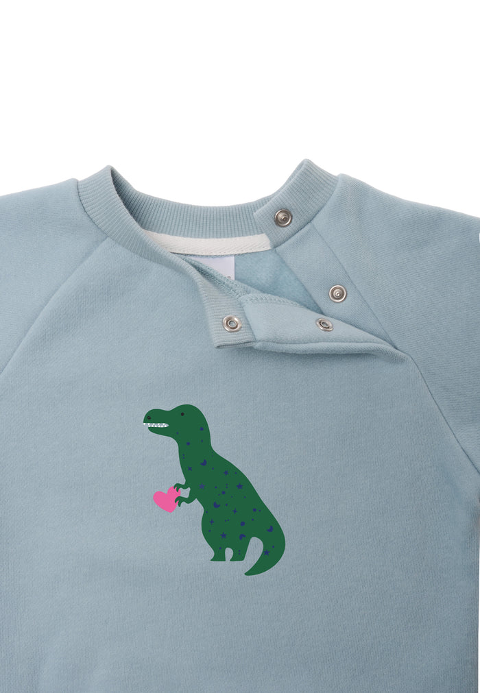 Detailansicht des Sweatshirts in hellblau mit praktischen, versteckten Druckknöpfen am Halsausschnitt für die Größen 62/68-86/92.