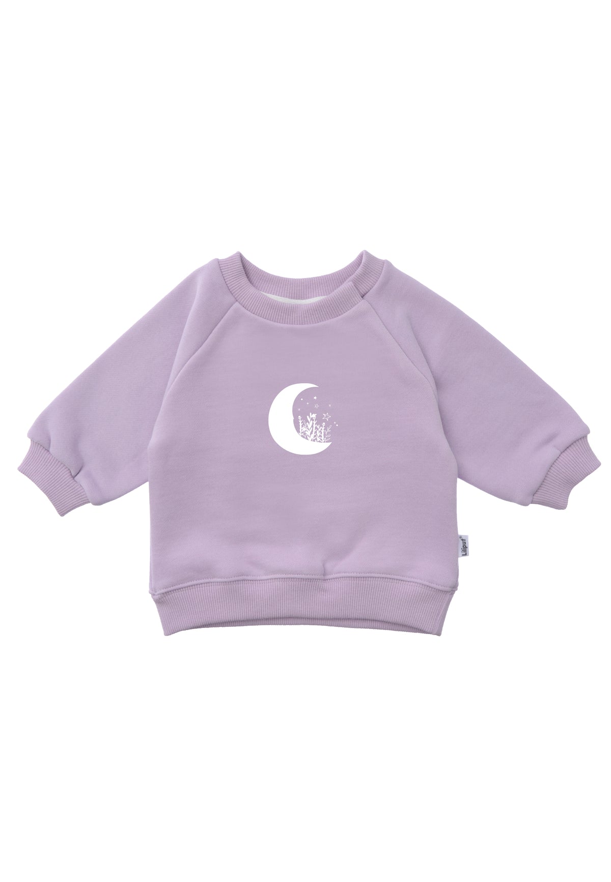 Sweatshirt in flieder mit Mond Aufdruck in weiß auf der Vorderseite.