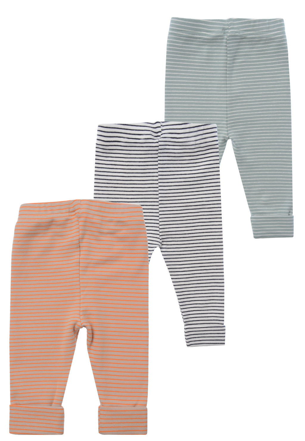 vorderseite von den Babyleggings in ecru-schilf/orange-beige/ecru-schwarz geringelt