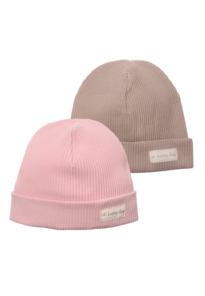Doppelpack elastischer Mützen in taupe und rose mit einem kleinen Patch "oh happy day".