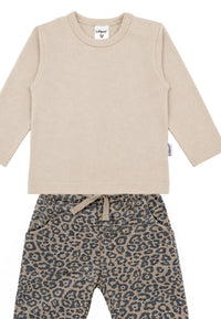 2-teiliges Set mit Leo-Hose und Langarmshirt in Beige