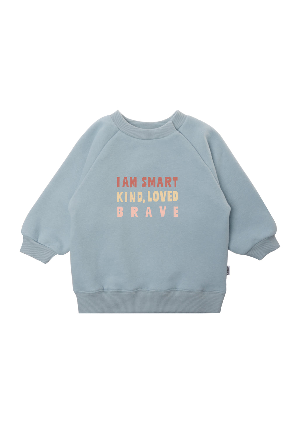 Sweatshirt in hellblau mit Wording "iam smart kind, loved, brave".