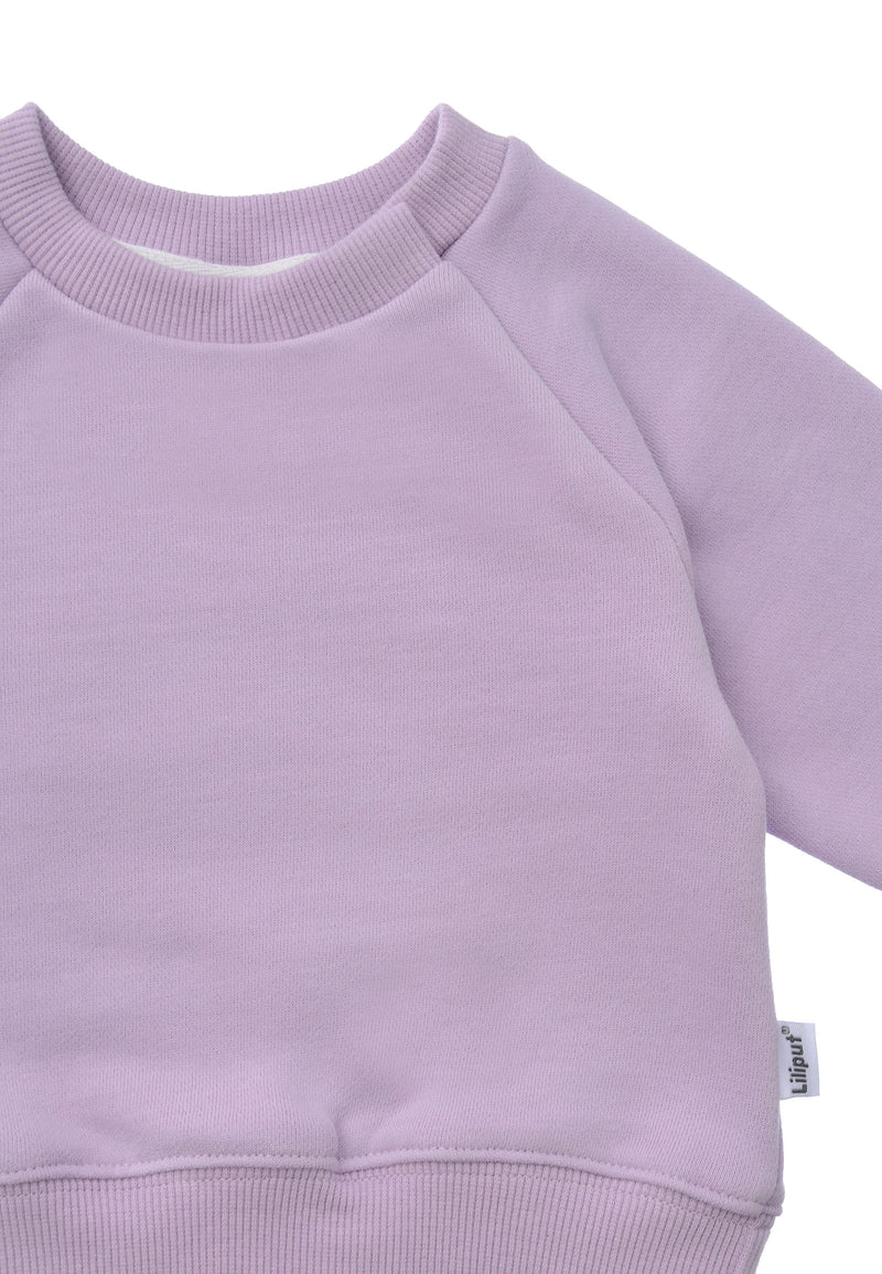 Detailansicht des Sweatshirts mit Raglanärmeln und RIbbündchen am Halsausschnitt, Saum und Ärmelbund.