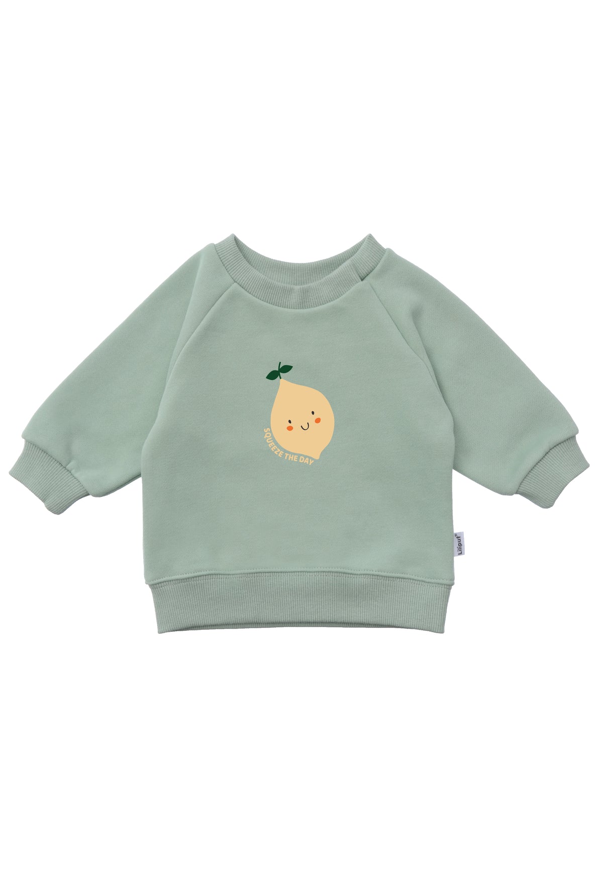 Frontansicht des schilf farbenden Sweatshirt mit Zitronen Print auf der Vorderseite.