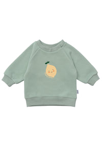 Frontansicht des schilf farbenden Sweatshirt mit Zitronen Print auf der Vorderseite.