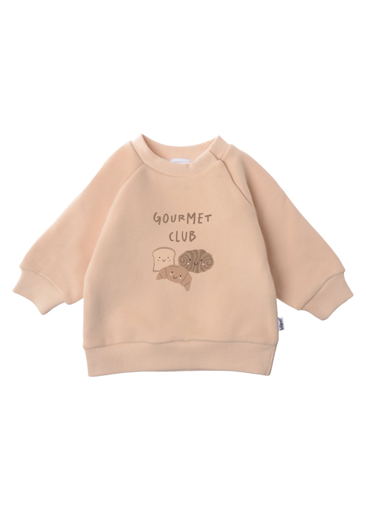Sweatshirt in beige mit Print "Gourmet Club" auf der Vorderseite.
