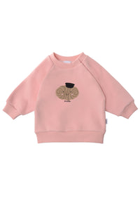 Sweatshirt in rosa mit Raglanärmeln und Franzbrötchen Print.