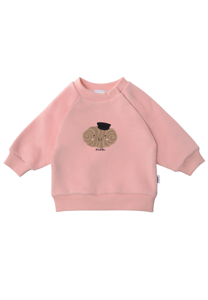 Sweatshirt in rosa mit Raglanärmeln und Franzbrötchen Print.