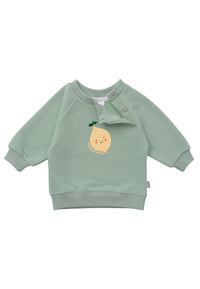 Frontansicht des Sweatshirts in schilf mit Zitronen Aufdruck und praktischen Druckknöpfen am Halsauschnitt, für ein einfaches An.- und Ausziehen bei den Größen 62/68-86/92.