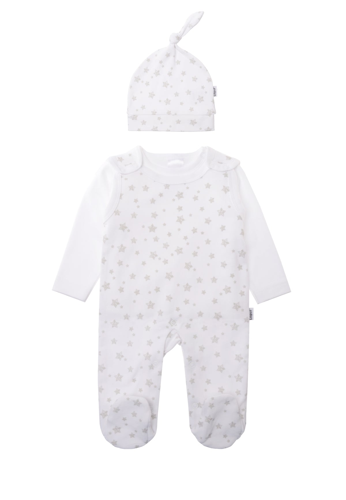 3-teiliges Set bestehend aus Strampler, Mütze und Langarmshirt mit Sternchen Print.