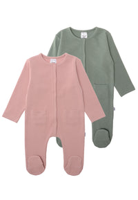 Doppelpack Overalls mit Füßchen und in Rippenqualität in rosè und schilf.