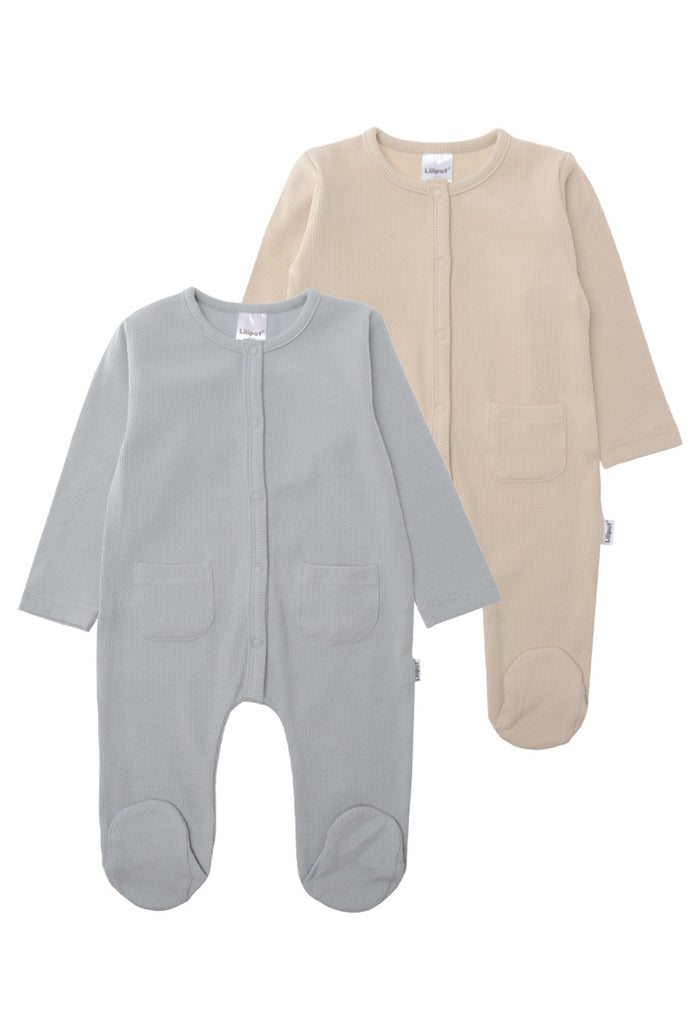 Doppelpack Overalls mit langen Ärmeln und Füßchen in beige und blau.