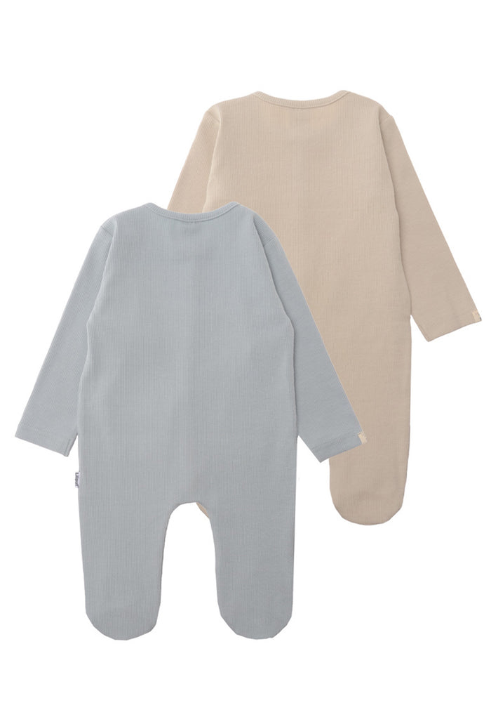 Rückseite des Doppelpacks Overalls in beige und blau in Rippenqualität.