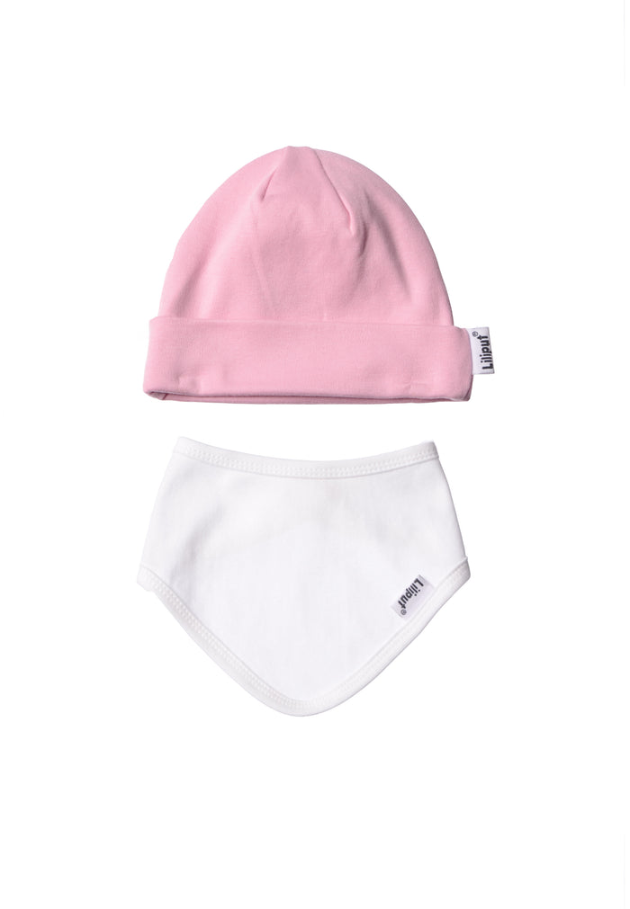 Mütze und Halstuch aus Bio-Baumwolle in rosa und weiß