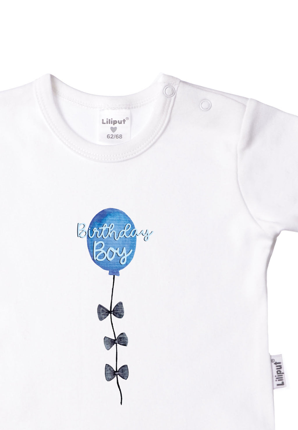 Baby T-Shirt in weiß mit Aufdruck Birthday Boy in blau