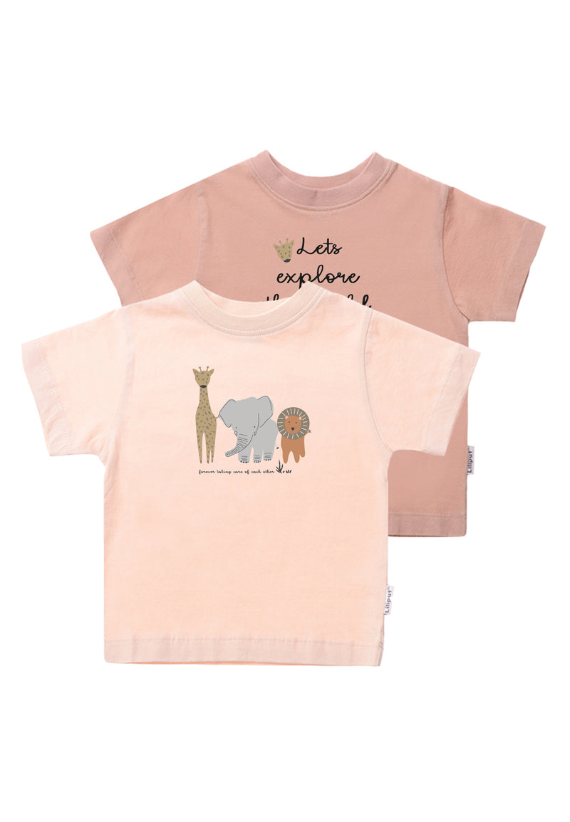 Doppelpack T-Shirts in apricot und rosè mit Animal Prints und Wording "lets explore the world together"