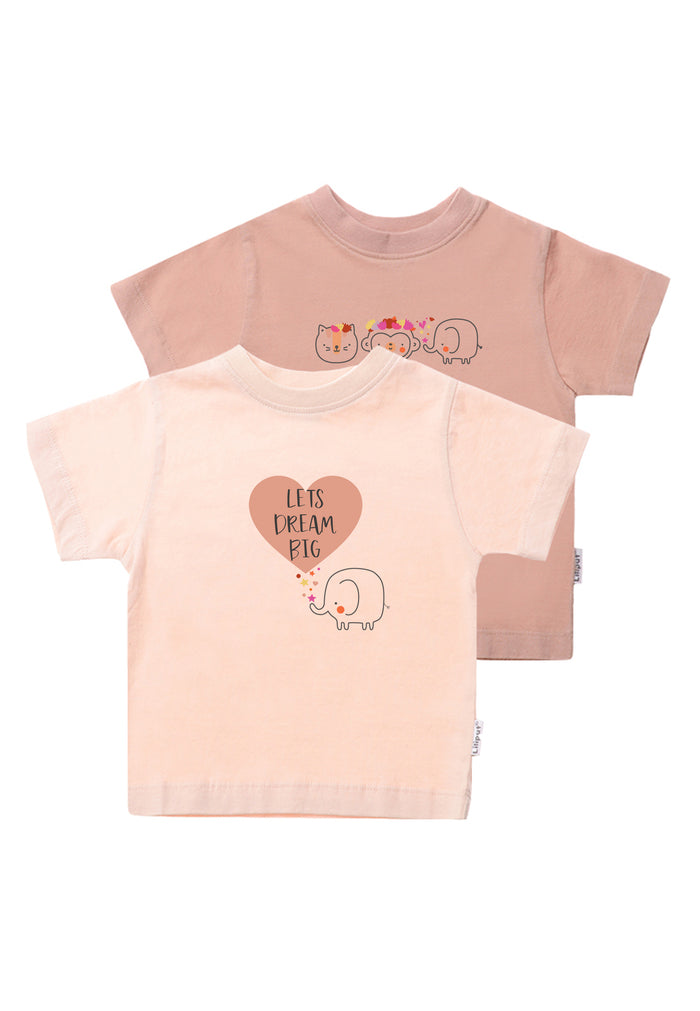 Doppelpack Bio Baumwoll T-shirt in apricot und rose mit Print "lets dream big" und Tierchen